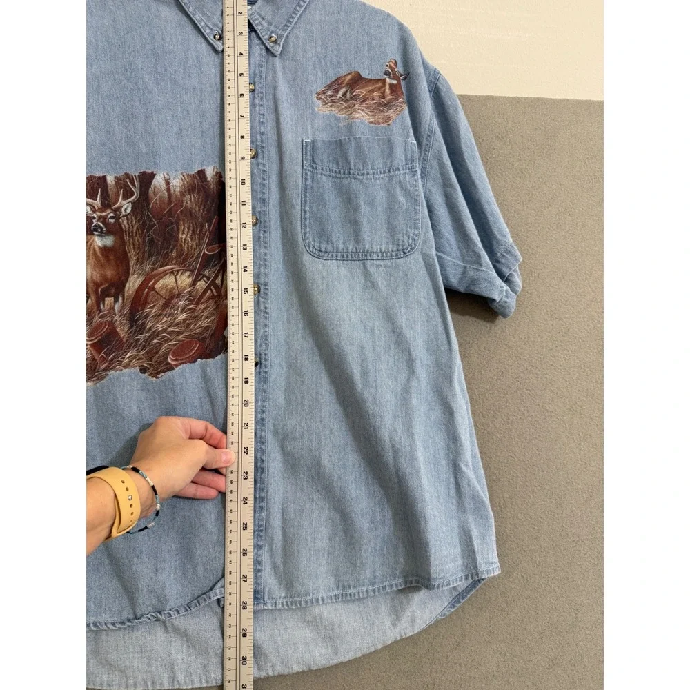 Mens Vintage Deer Graphic Denim Shirt Short Sleeve Light Wash Large hunter fade - Picture 6 of 10
